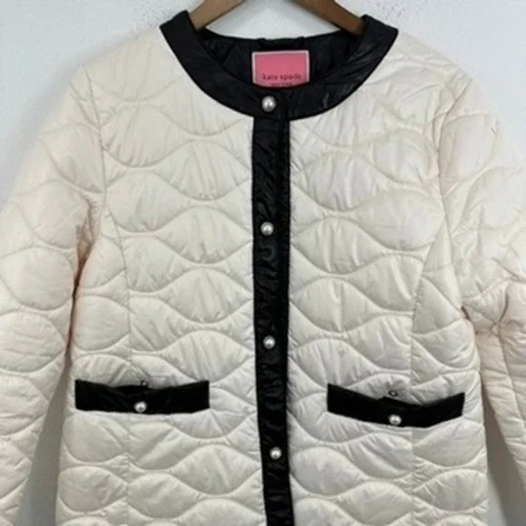 Kate Spade Quilted Puffer Coat Jacket Ivory Black Trim Pearl Buttons Size L - Picture 2 of 10